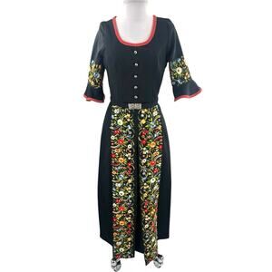 Vintage Intimex Co. German Black Embroidered Folk Dress Floral Boho Midi Dirndl